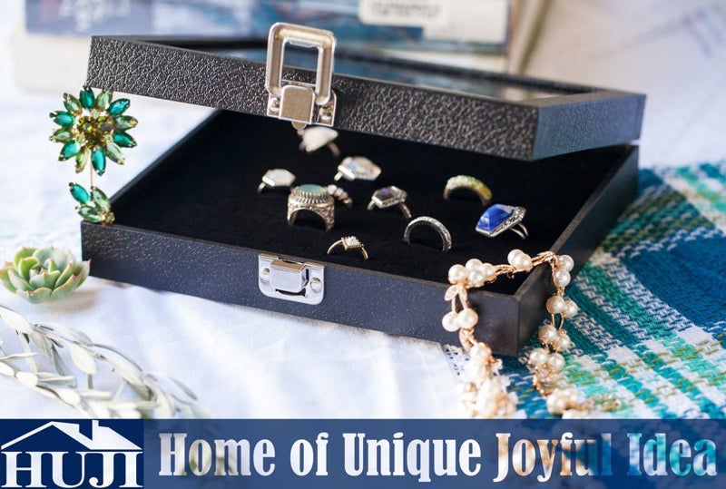 Huji Elegant Glass Top Ring Display Showcase - Velvet Insert Liner - Perfect Jewelry Organizer for Rings and More (36 Slot Case) - Image 2